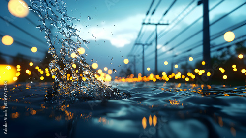 Dynamic Water Splash Against City Lights Under Power Lines with Evening Bokeh