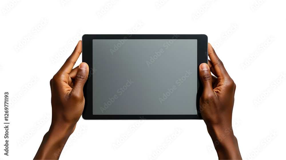 Hands Holding Tablet Modern Black Device, Clean Mockup for App and Gadget Displays, isolated on transparent background. Hands Holding Tablet Modern Black Device, Clean Mockup for App and Gadget Displays, isolated on transparent background.