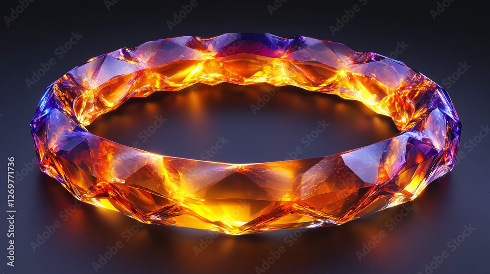 A 3D glass crystal transparent circle geometric figure with a glossy finish, displaying light dispersion and a holographic color gradient against a black background. Abstract and modern design element A 3D glass crystal transparent circle geometric figure with a glossy finish, displaying light dispersion and a holographic color gradient against a black background. Abstract and modern design element