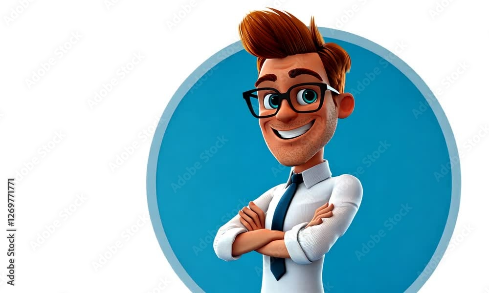 Cartoon businessman portrait against blue circle background Cartoon businessman portrait against blue circle background
