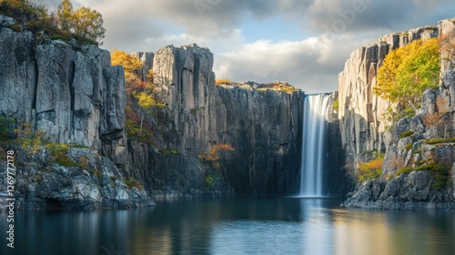 Tall waterfall cascading down cliffs into a still lake