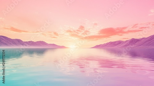 Calm water reflects pastel skies and distant mountain silhouettes