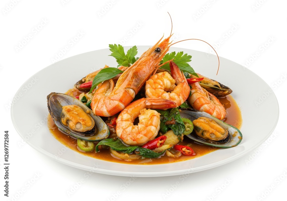 A plate of vibrant seafood stir-fry with prawns mussels and fresh herbs in a rich spicy sauce A plate of vibrant seafood stir-fry with prawns mussels and fresh herbs in a rich spicy sauce