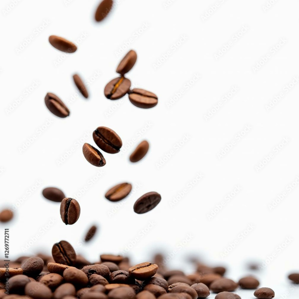 High-resolution close-up of coffee beans in motion, suspended against a bright white backdrop High-resolution close-up of coffee beans in motion, suspended against a bright white backdrop