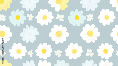 White and yellow daisy flowers with soft pastel blue accents create seamless floral pattern on muted blue gray background, evoking fresh and cheerful springtime feel photo