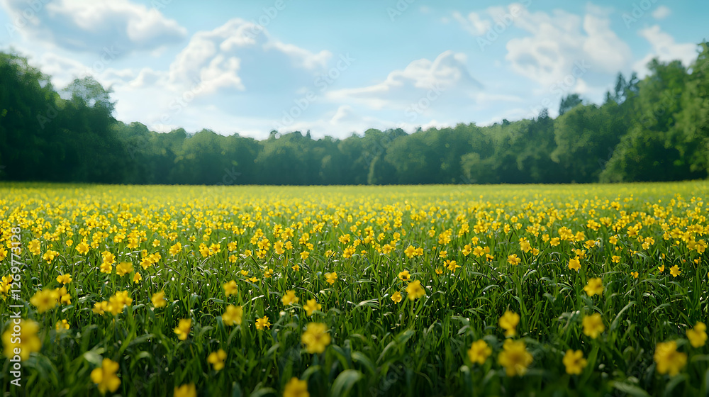 Expansive Field of Yellow Flowers Under a Bright Blue Sky with Distant Trees in a Natural Landscape Expansive Field of Yellow Flowers Under a Bright Blue Sky with Distant Trees in a Natural Landscape