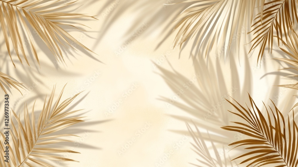 Fototapeta premium Light Beige Background with Palm Leaves Shadows and Tropical Atmosphere