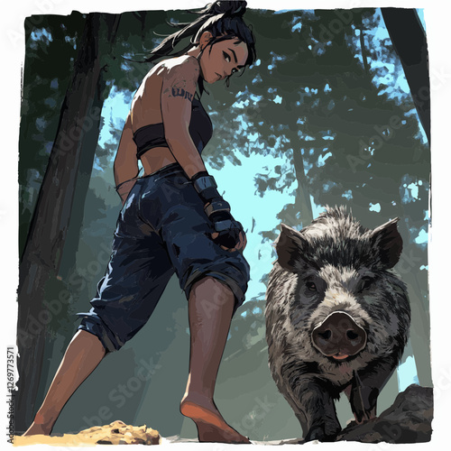 Girl with her boar
