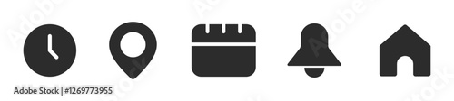 Notification bell, location, date, home and time vector icons