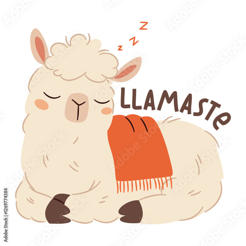 A cute llama sleeping on a white background. Flat vector illustration in simple style, lettering llamaste. Vector illustration