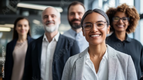 A group of professionals stands together, smiling warmly and looking directly...