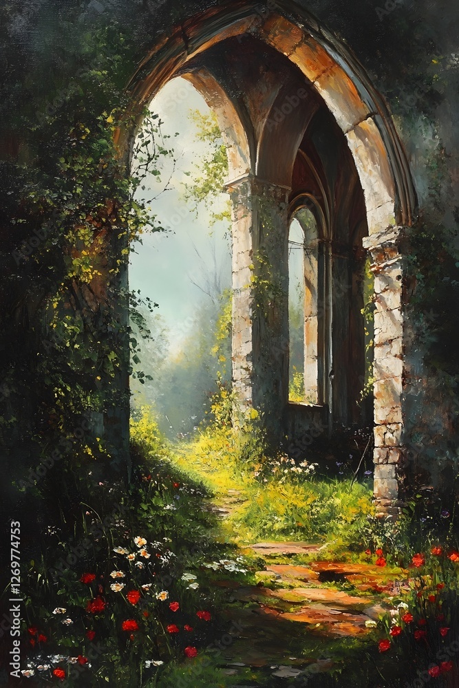 Fototapeta premium Dramatic Oil Painting of Abandoned Church in Lush Overgrown Woodland Scenery