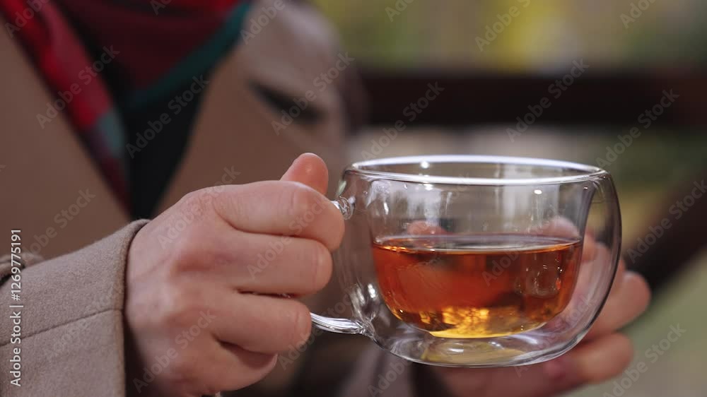 Lady with smile drinks tea sitting in cafe of park looking to side. Tea drinking arranged by lady to meet partner in cafe on autumn day. Lady relaxes and drinking tea in cafe in cold weather Lady with smile drinks tea sitting in cafe of park looking to side. Tea drinking arranged by lady to meet partner in cafe on autumn day. Lady relaxes and drinking tea in cafe in cold weather