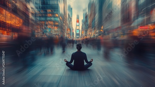 Busy city street with a single person meditating