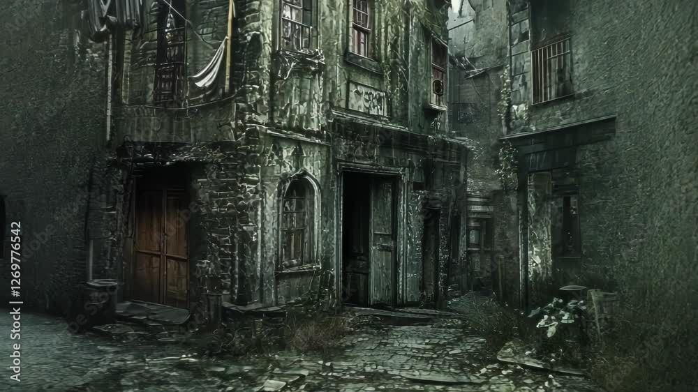 A desolate alleyway with aged buildings, overgrown vegetation, and a gloomy atmosphere. A desolate alleyway with aged buildings, overgrown vegetation, and a gloomy atmosphere.