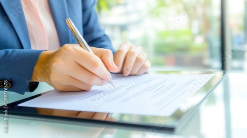 Businesswoman Signing Digital Contract: Modern Office Closeup on Professional Document Execution photo