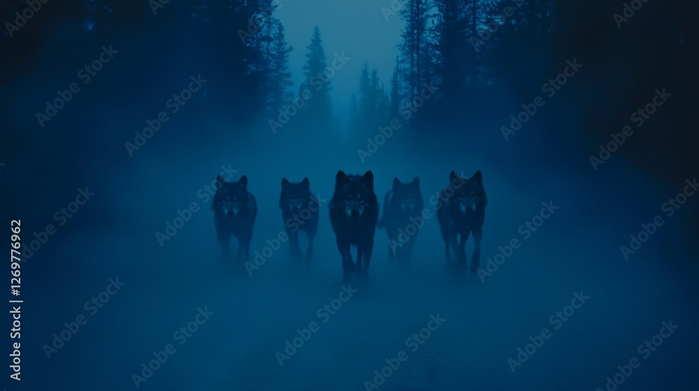 Four wolves walking in a misty forest at night. Four wolves walking in a misty forest at night.