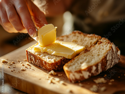 Hand spreading butter on rustic bread