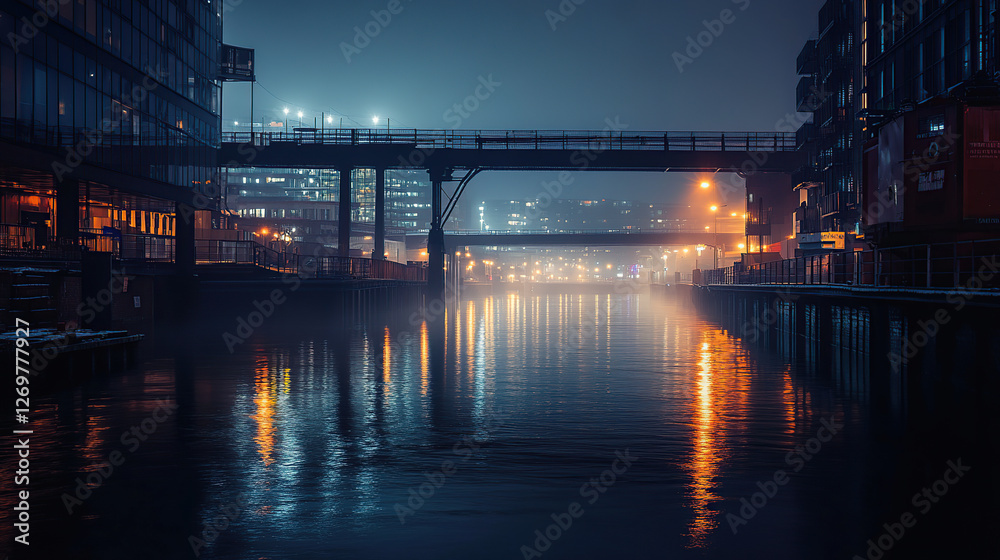 Urban Harbor at Night with Reflective Lights Urban Harbor at Night with Reflective Lights