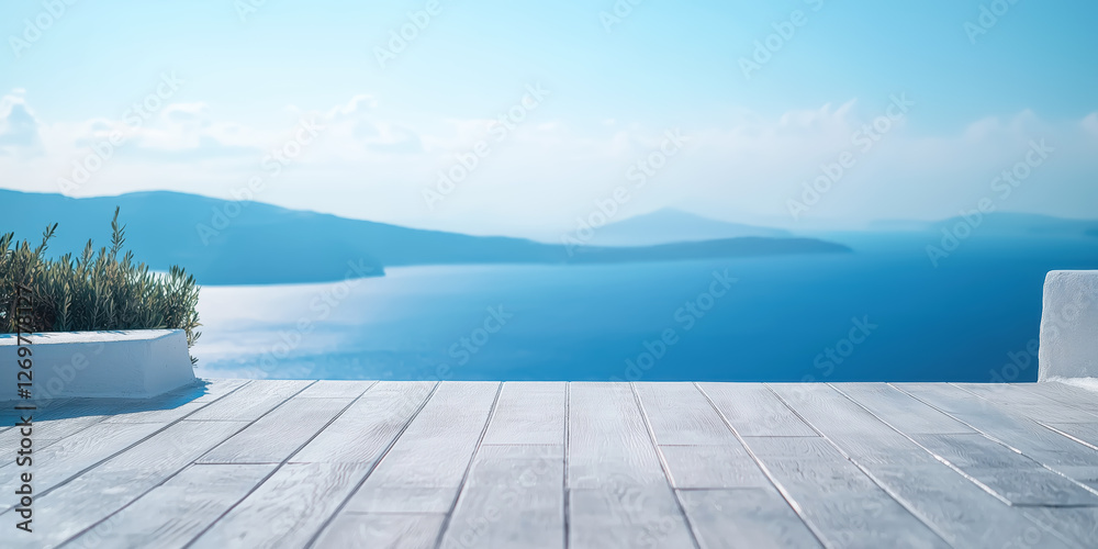 Empty copy space wooden minimalist table for product placement overlooking a beautiful greek island in the background