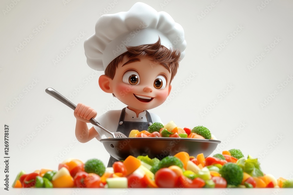 Young chef happily preparing a colorful vegetable salad in a vibrant kitchen setting during daylight Young chef happily preparing a colorful vegetable salad in a vibrant kitchen setting during daylight