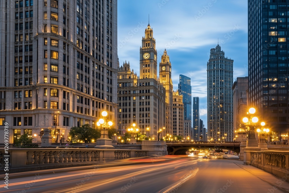 Obraz premium Chicago's iconic buildings glow in the evening light along the river. The historic clock tower and modern skyscrapers create a stunning urban landscape at twilight.