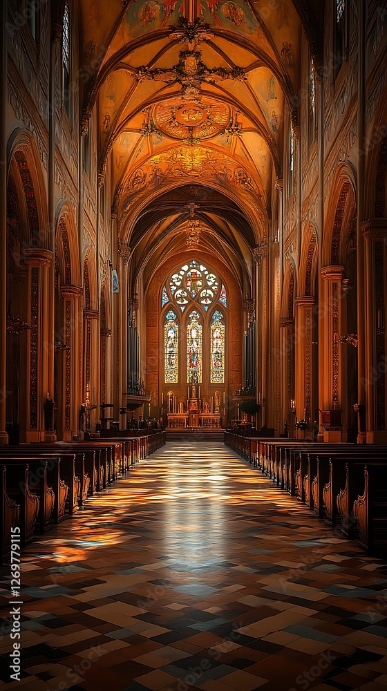 Fototapeta premium Gothic glass interior cathedral sunlight high resolution hd photo