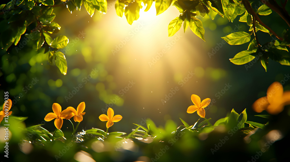 Obraz premium Golden Sunlight Illuminating Yellow Flowers and Lush Green Foliage in a Serene Nature Scene