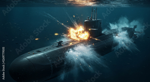 Wallpaper Mural Underwater Explosion of a Submarine - A striking of an underwater submarine explosion showcasing powerful blasts water splashes detail silhouette and deep-sea surroundings Torontodigital.ca