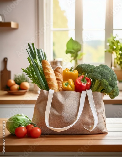 sac de course en tissus, tote bag avec des légumes et pain frais, préparation repas en ia