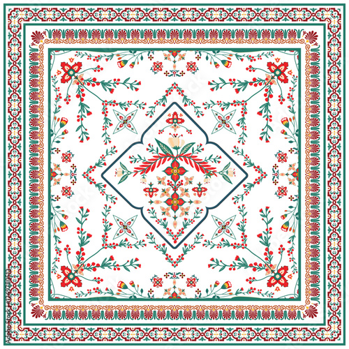  floral scarf print pattern with a symmetric design and decorative border on a square textile.
A vibrant square scarf print floral pattern featuring red, green, and gold elements on a white background