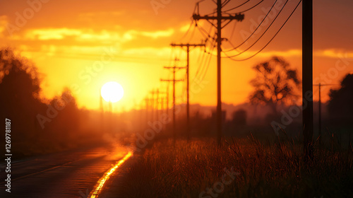 Golden Sunset Over a Rural Road with Silhouetted Power Lines Under Dramatic Sky in the Countryside