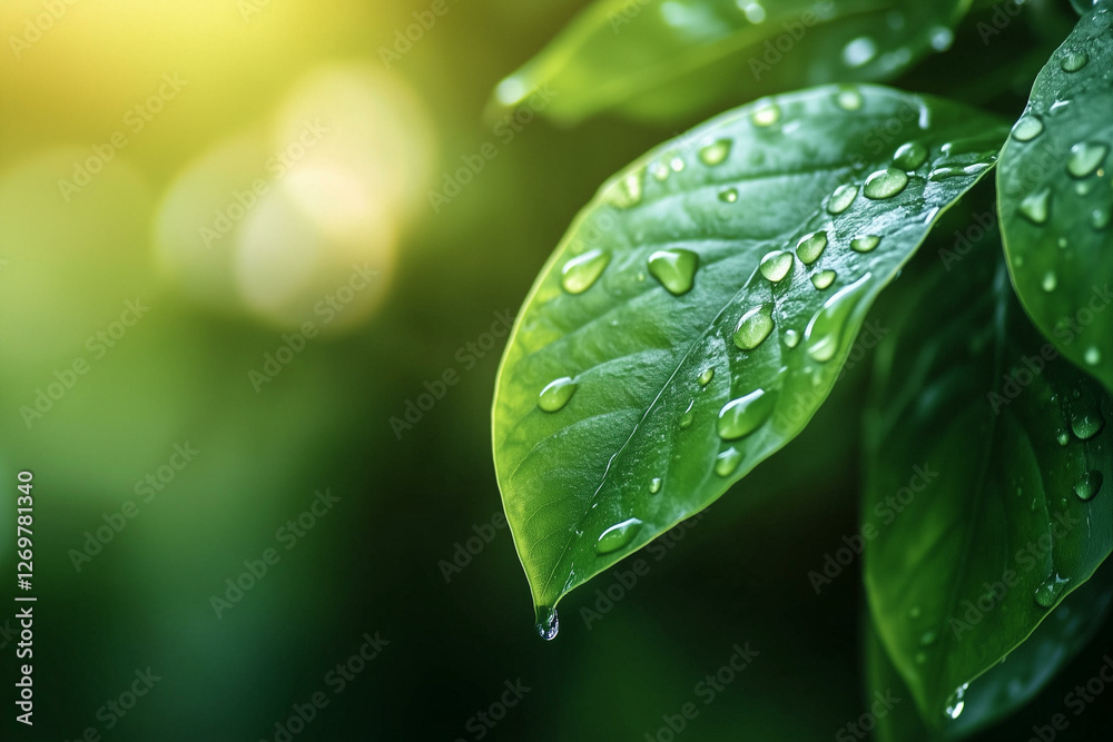 Fototapeta premium Fresh green leaf with water drops. Natural leaf with dew drop, closeup of wet tree foliage, spring nature background with raindrops
