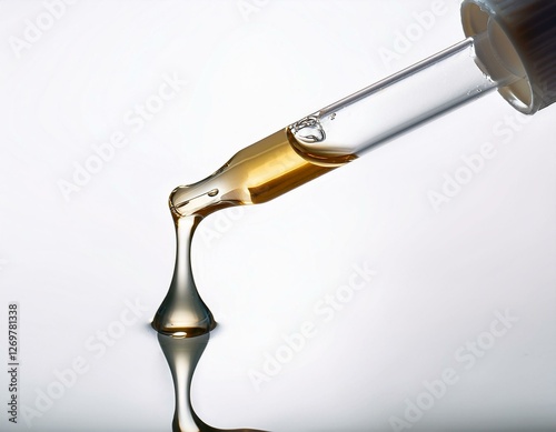 pipette en verre avec une goute de produit de beauté, soin, sérum en ia, laboratoire de recherche