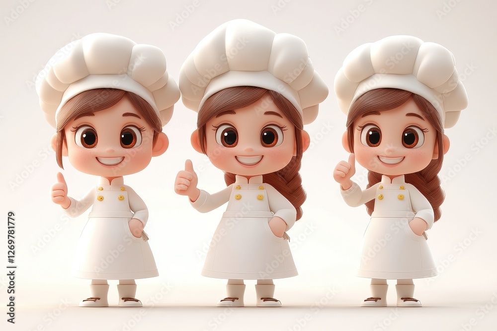 Three cheerful cartoon chefs giving thumbs up in a bright, playful environment Three cheerful cartoon chefs giving thumbs up in a bright, playful environment