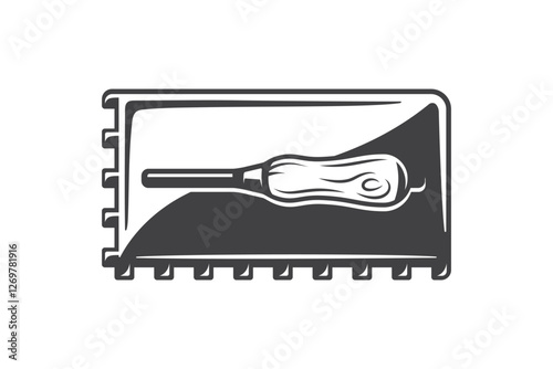 Trowel rectangular notched for laying floor tiles isolated on white background. Construction trowel icon. Spatula for cementitious adhesive. Vector illustration.