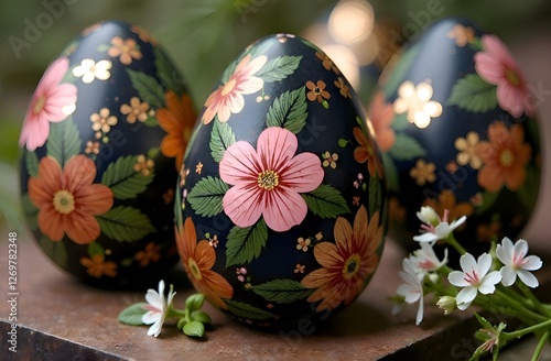 Elegant black Easter eggs with pink and gold floral decoration and ornament, hand painted, flowers, Happy Easter and spring concept