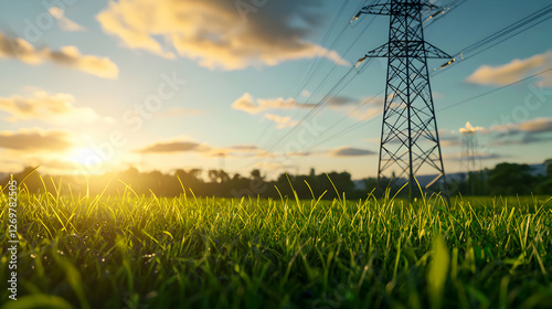 Golden Sunset Over Green Grass Field with High Voltage Power Line Tower Silhouette