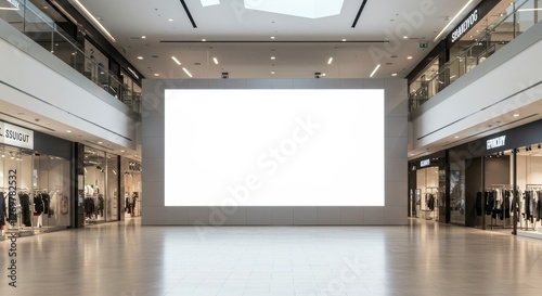 Modern Shopping Mall Interior With Blank Display Screen - Spacious shopping mall interior featuring a large blank display screen, stylish storefronts, elegant lighting, and a polished floor photo