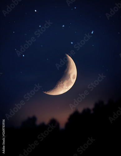 A small glowing crescent moon in a dark night sky, soft blur