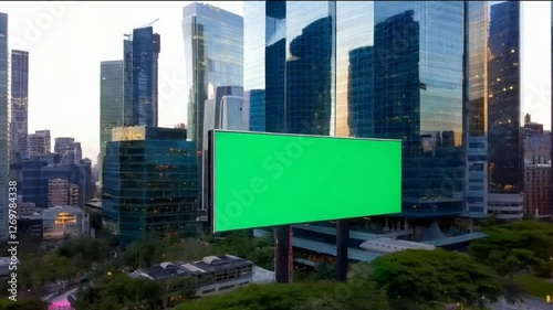 A towering green screen display stands amidst impressive skyscrapers in a vibrant business district as the sun sets, highlighting the modern urban landscape