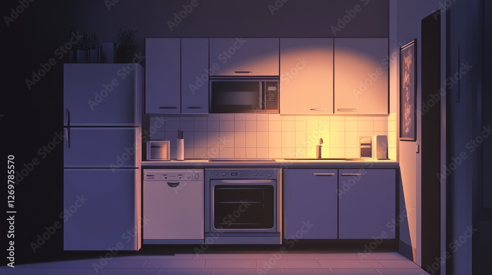 Fototapeta premium Night Kitchen Interior, Soft Light, Modern Design, Interior Design, Stock Photo