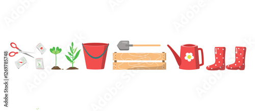 Set of tools and equipment for gardening. Plant care. Spring season. Wooden box, shovel, high rubber boots, seeds, sprouts, soil, scissors, watering can. Colored flat vector illustration.