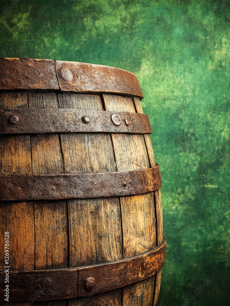 Old wooden barrel against a green textured background. Old wooden barrel against a green textured background.