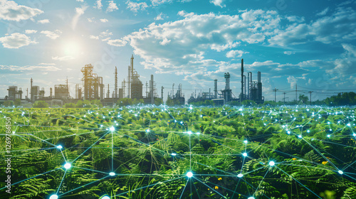 A futuristic visualization of biomass energy, featuring interconnected processing plants, waste collection points, and power grids under a bright blue sky.  photo