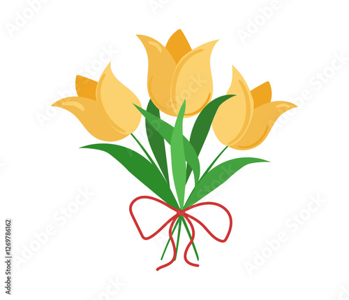 Flowers, yellow tulips with a bow. Spring season. Drawing, vector graphics, isolated on white background.