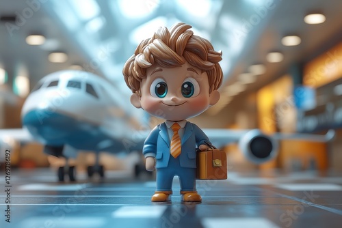 Wallpaper Mural Toy figure of a boy in a suit holding a briefcase at an airport near an airplane, capturing a moment of adventure and travel excitement Torontodigital.ca