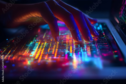 Hand typing on a laptop keyboard with vibrant data and code effects symbolizing creativity