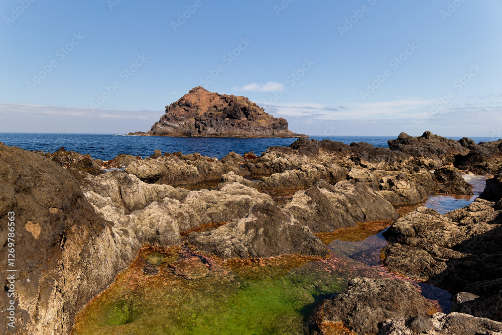 Roque de Garachico islet view from a rocky beach with green sea water in natural coastal pool in Tenerife. Rock islet is a protected area. Nature reserve serves as perfect habitat for birds nesting.