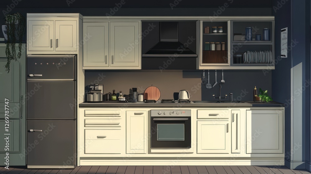 Fototapeta premium Modern Kitchen Interior, Sunny Morning, Minimalist Style, Suitable for Home Decor or Restaurant Design